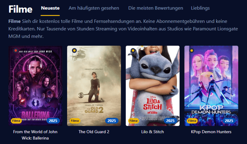Screenshot der Filmpalast Benutzeroberfläche die unterschiedliche Filmtitel und Serienepisoden zeigt
